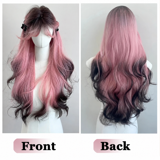 Front and back comparison of the Pink Eclipse Wig, showing the long wavy ombre layers.