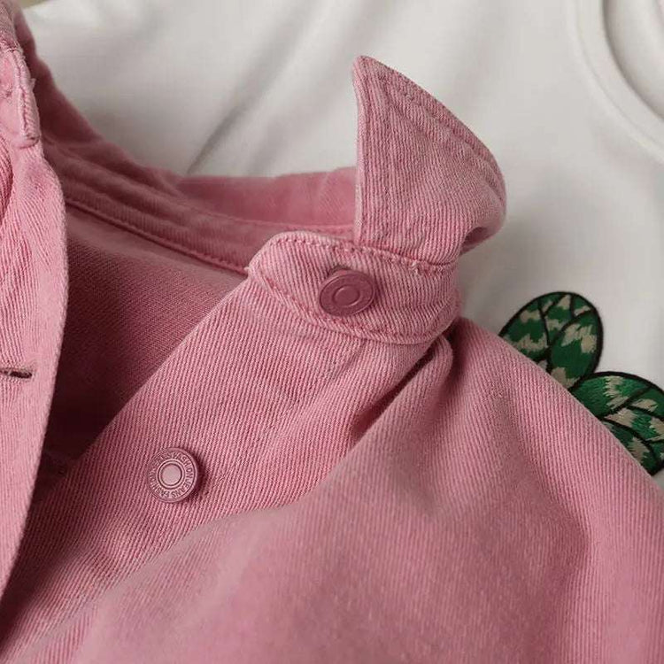 Close-up of the Pink Petal Denim Overshirt showcasing the turn-down collar and matching pink button closure.