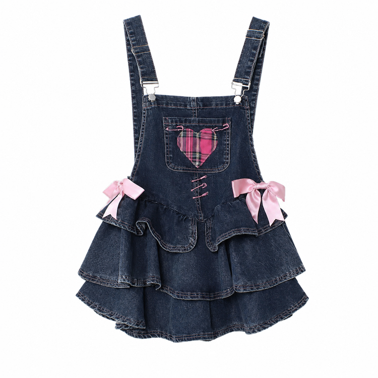 Pocket Full of Love Overall Dress in blue denim with pink plaid heart, bows, and tiered skirt