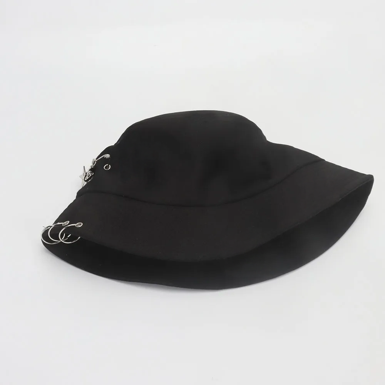Collapsed view of the Rebel Charm Bucket Hat in black showing the clean design and structured fit.