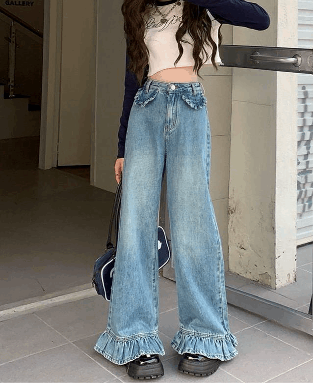 Full outfit view of model wearing Ruffle Flare Wide Leg Jeans