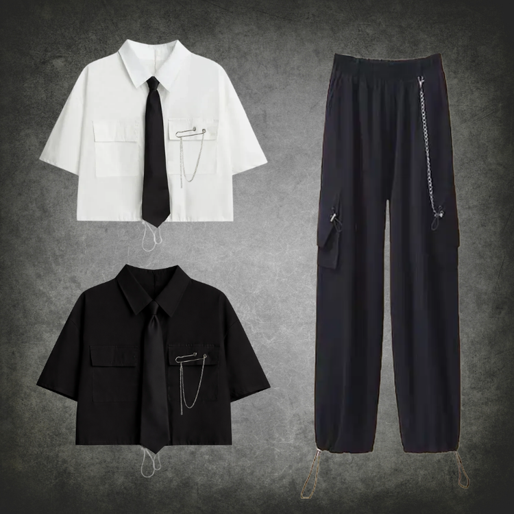 The Shadow Chain Utility Set featuring short-sleeve cropped button-up shirts available in black or white with matching black ties, removable safety pins with chain details, adjustable drawstring waists, and black utility pants with detachable chains, cargo pockets, and adjustable drawstring hems.