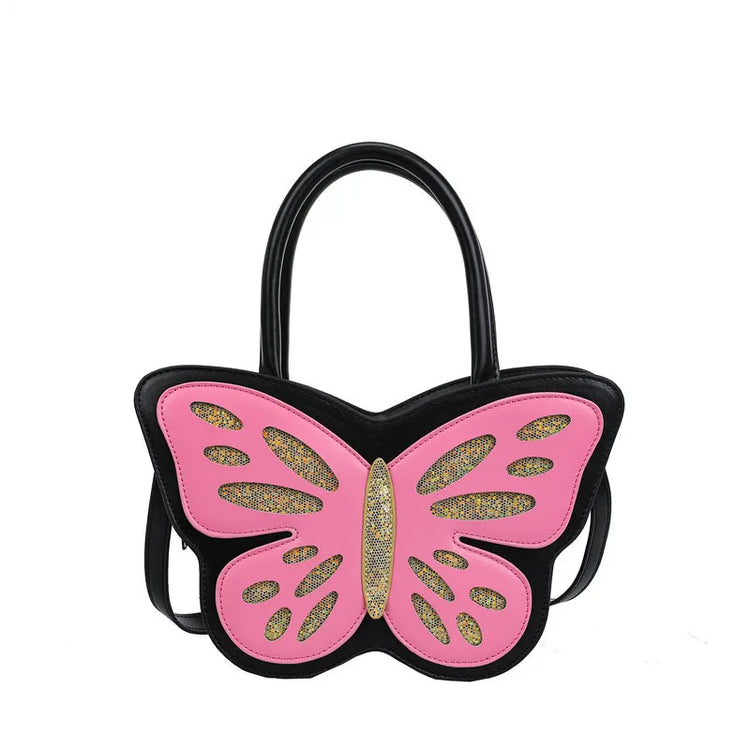 Front view of Sparkling Butterfly Handbag in black and pink with gold glitter butterfly wings