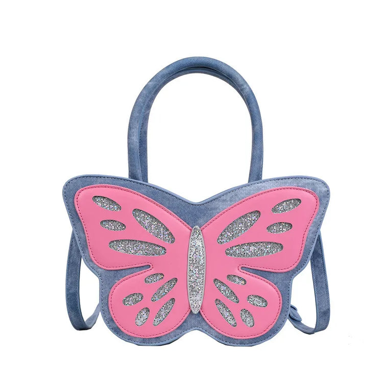 Flat lay of Sparkling Butterfly Handbag in blue and pink with sparkly texture