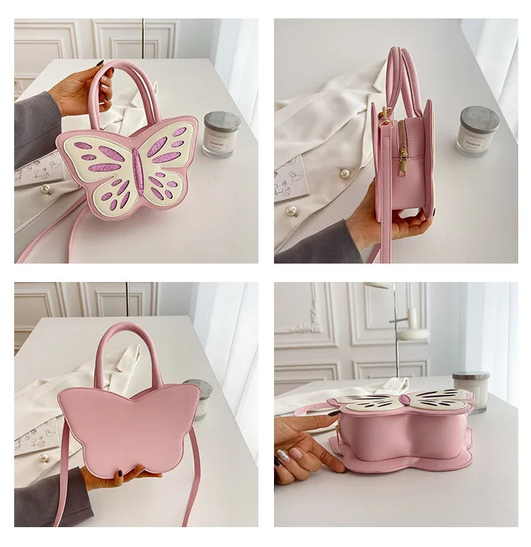 Four-view comparison of the Sparkling Butterfly Handbag in pink and white, showing the front, back, and sides
