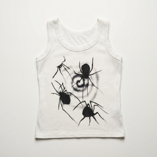 Flat lay of the Spider Vortex Tank Top showcasing the bold spider and vortex graphic and sleeveless design.