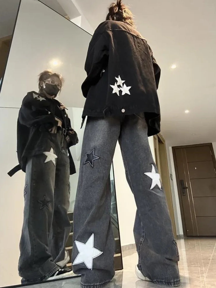 Back view of Stargaze Street Jeans in black gray, highlighting the wide-leg silhouette.