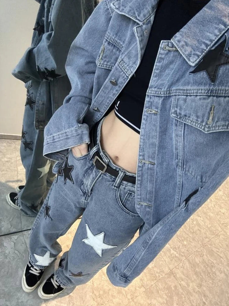 Downwards view of Stargaze Street Jeans in blue showing high-rise waist and full-length fit.