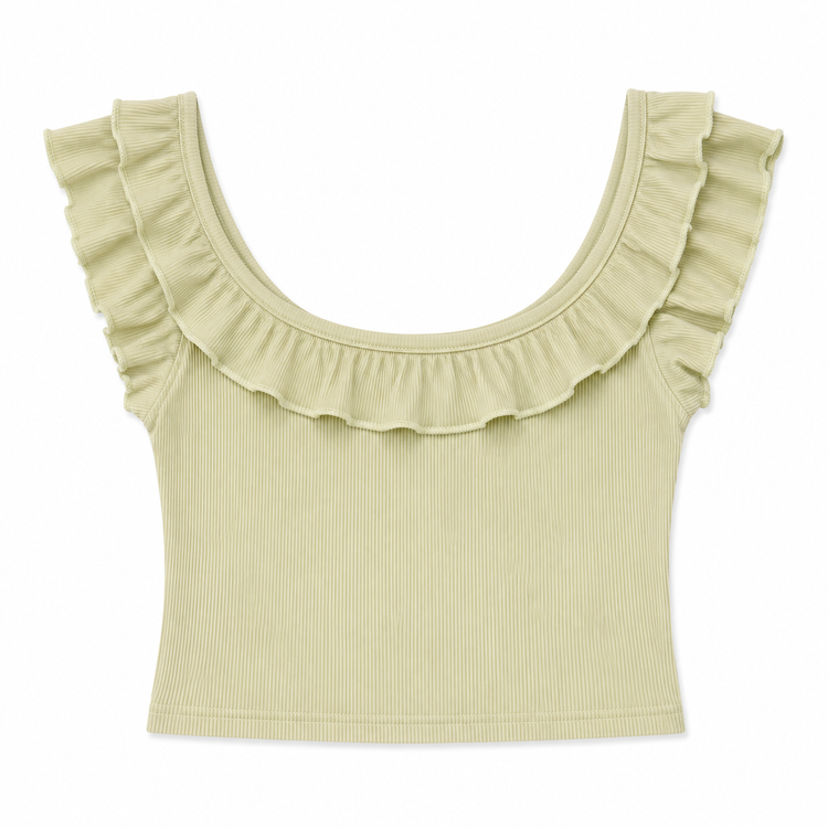 Back flat lay of the Sweet Clover Ruffle Top showing the light green ribbed fabric and ruffle-trimmed scoop neckline.