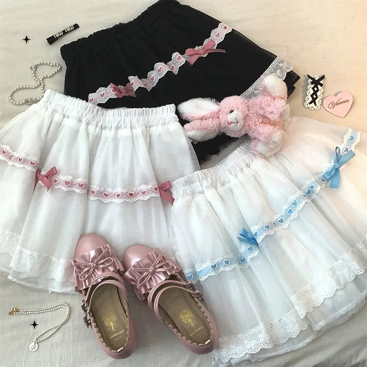 Sweet Love Lace Bow Skort displayed in multiple color combinations with coordinating shoes and accessories.