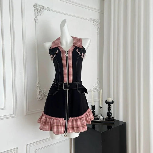 Black and pink plaid Sweetheart Stitch Denim Dress displayed on a mannequin in a white room.