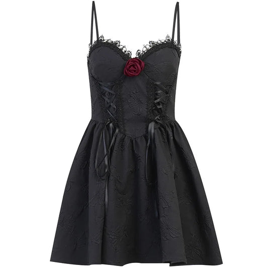 Front flat lay of the Thorned Rose Corset Dress with rose appliqué and corset-style bodice.