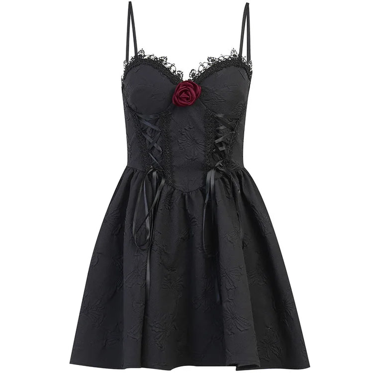 Front flat lay of the Thorned Rose Corset Dress with rose appliqué and corset-style bodice.