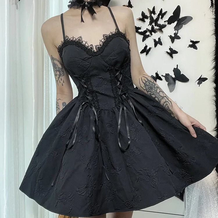 Posed front view of the Thorned Rose Corset Dress without the rose appliqué, highlighting the corset-style bodice