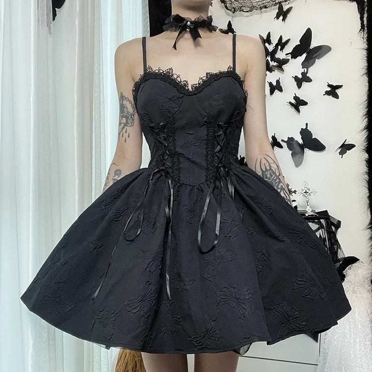 front view of the Thorned Rose Corset Dress without the rose appliqué, highlighting the corset-style bodice