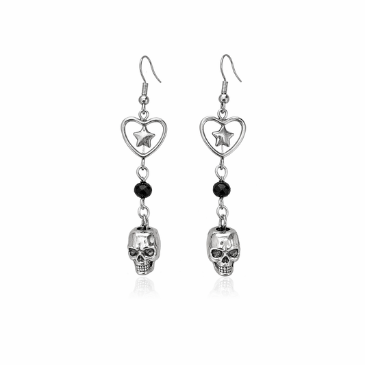 Til Death Do We Sparkle Earrings black variant with silver skull charm and black crystal bead detail.
