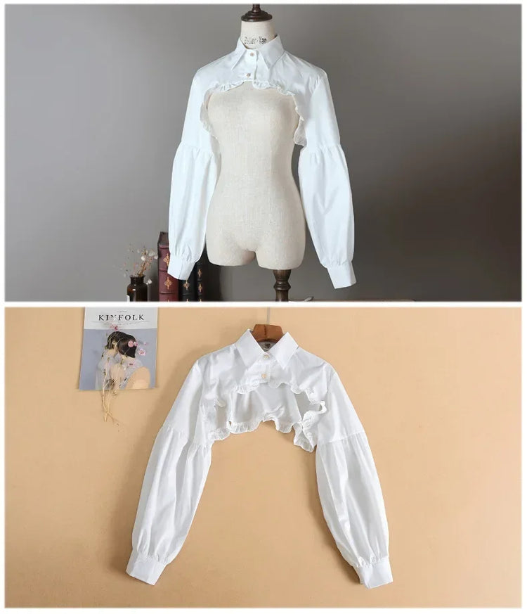 Front views of the white Ultra Cropped Layering Blouse on a mannequin and a hanger.