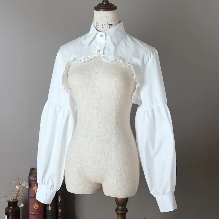 Front view of the white Ultra Cropped Layering Blouse displayed on a mannequin.