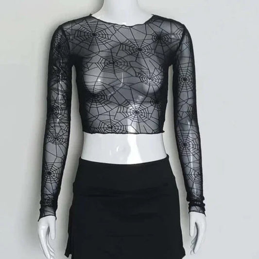 Front view of the Web of Shadows Mesh Top, showcasing the sheer black spiderweb mesh, cropped silhouette, and full-length sleeves.
