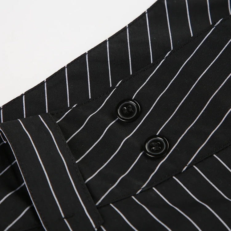Y2K Business Chic Trousers waistband detail showing black button closure on striped fabric