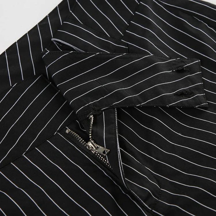 Y2K Business Chic Trousers zipper fly and waistband tab detail with pinstripe pattern