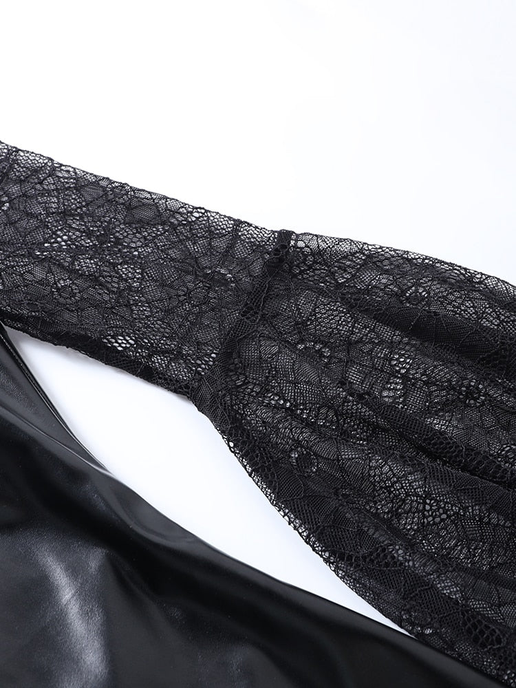 Faux Leather Flare Sleeve Spider Lace Dress