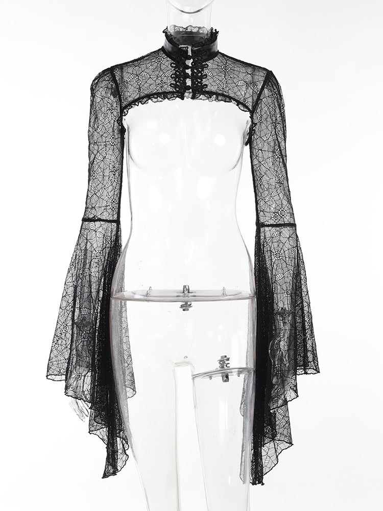 Faux Leather Flare Sleeve Spider Lace Dress