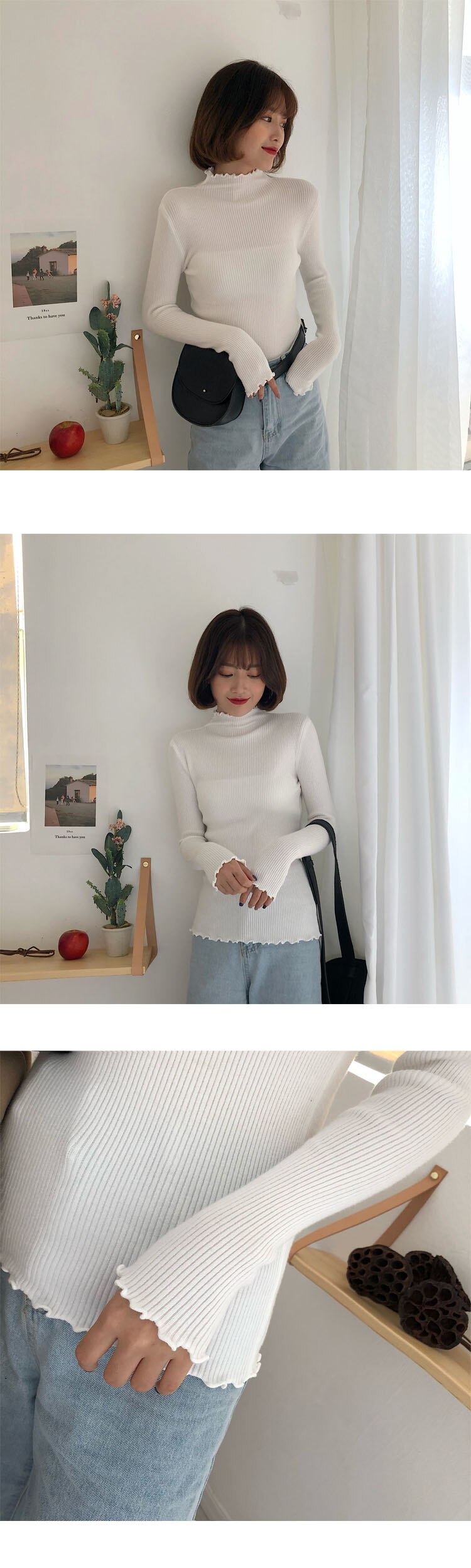 Ribbed Lettuce-Edge Mock Neck Top – Moody Quick Ship (U.S. Only)