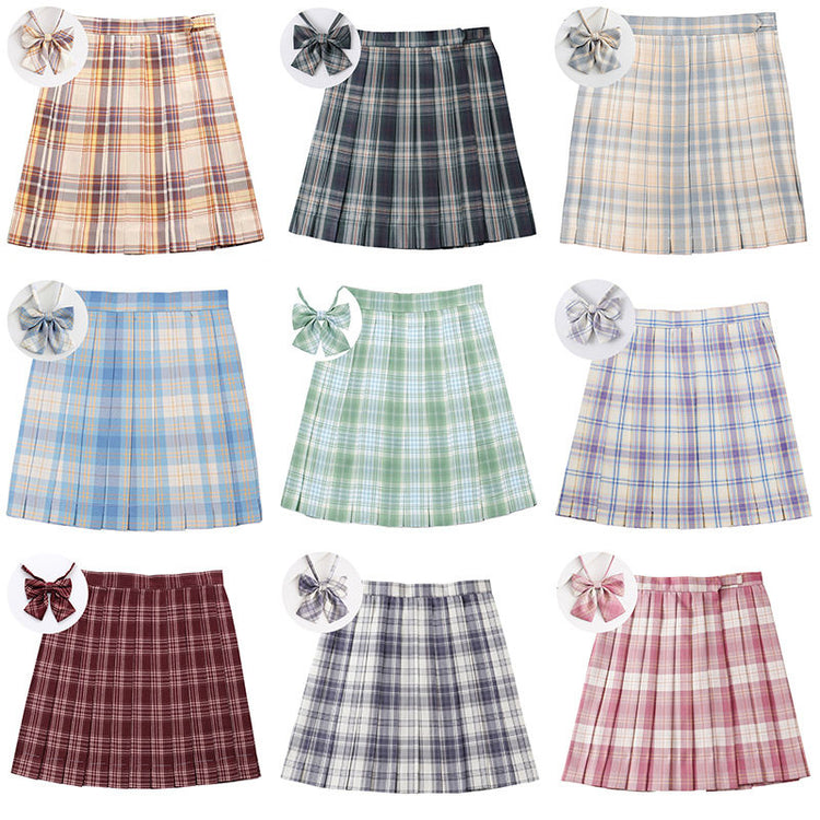 Light-Style Plaid Pleated Skirt with Matching Bow