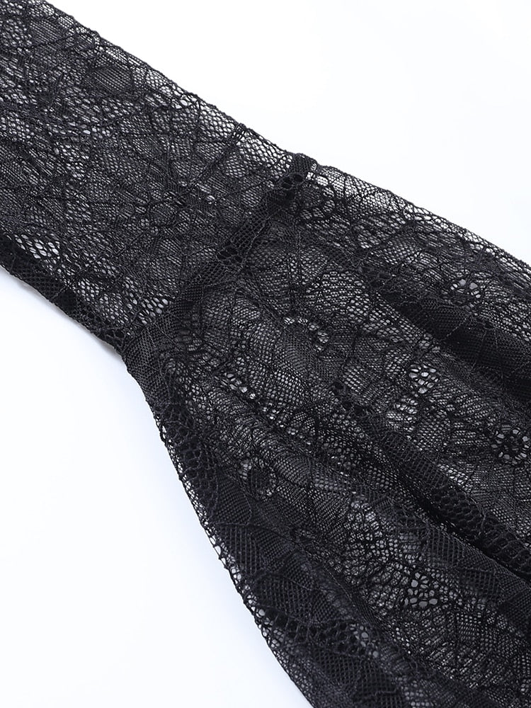 Faux Leather Flare Sleeve Spider Lace Dress