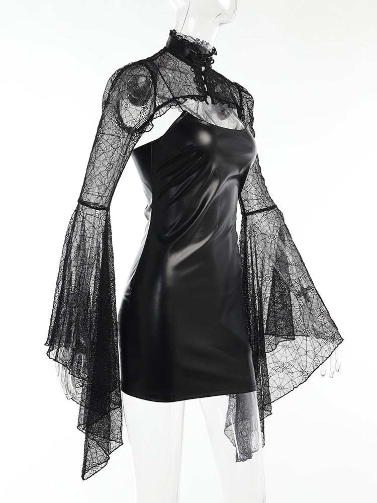 Faux Leather Flare Sleeve Spider Lace Dress