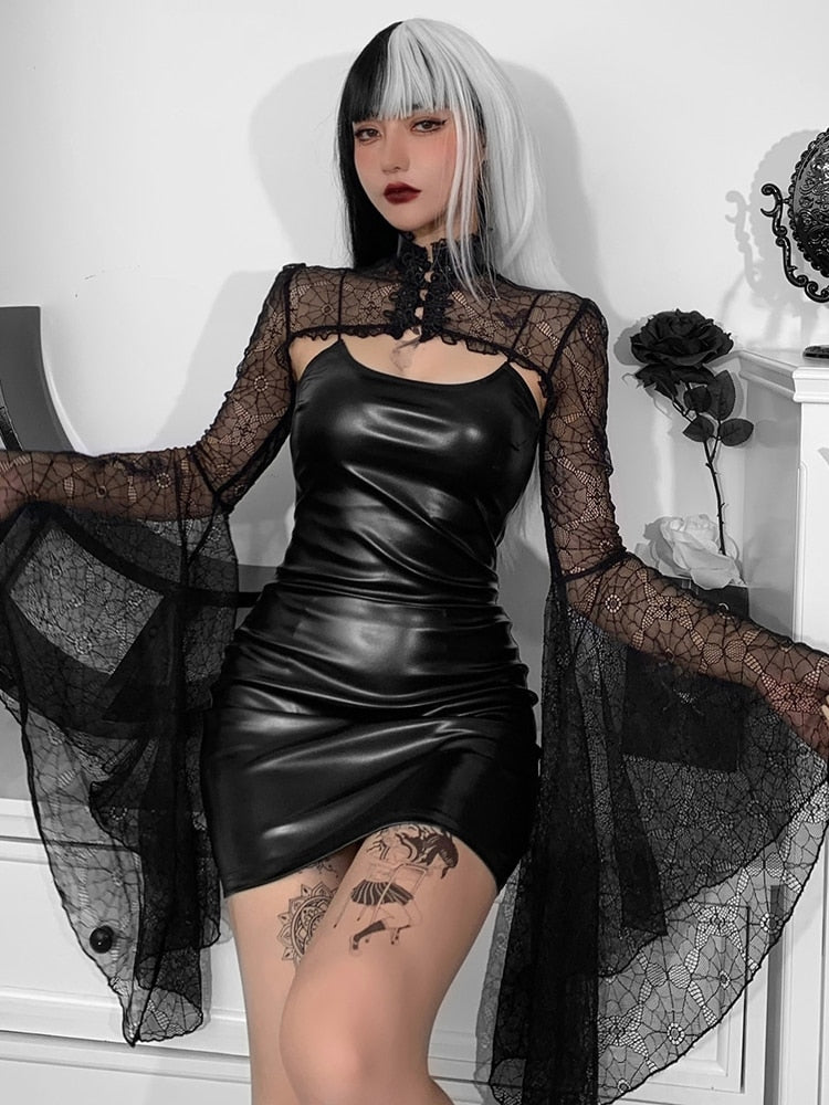 Faux Leather Flare Sleeve Spider Lace Dress