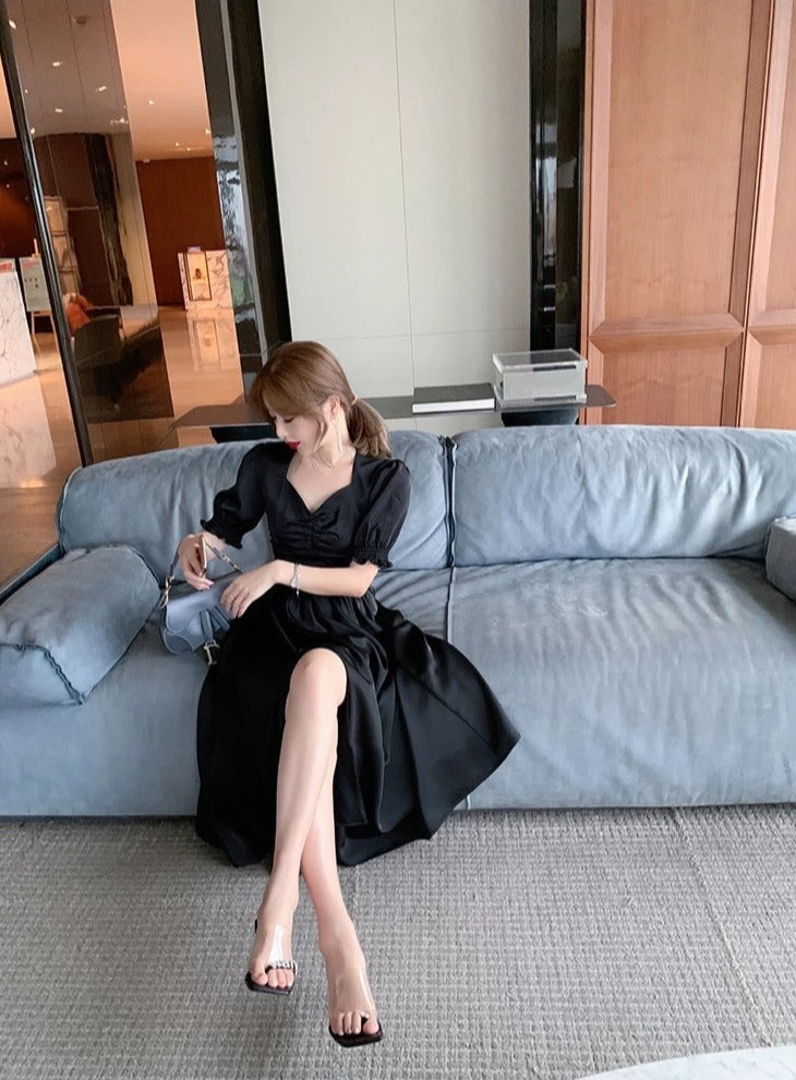 Sweet Elegance Puff Sleeve Split Dress