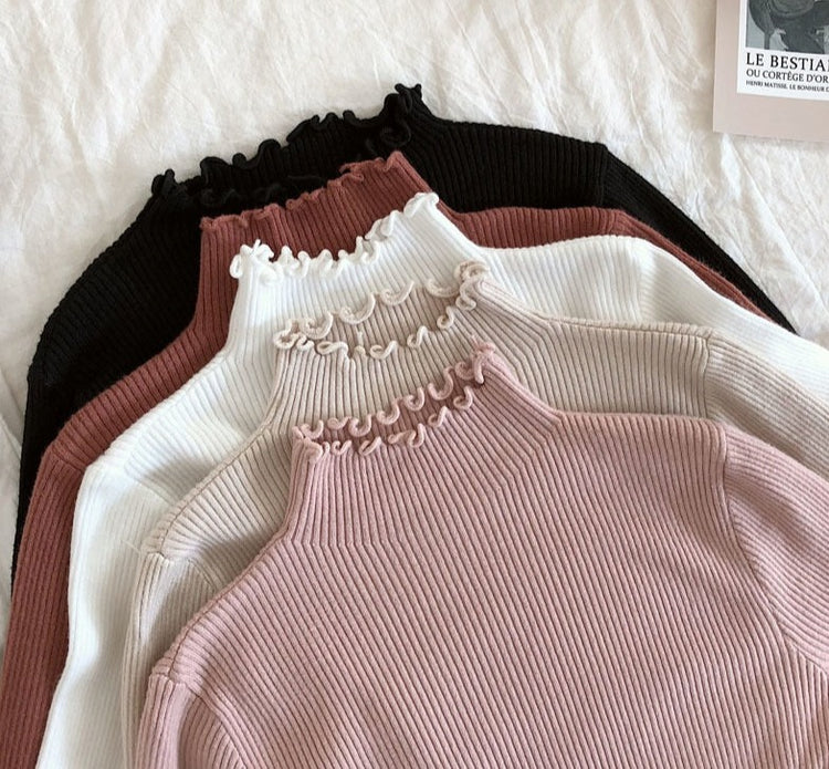 Ribbed Lettuce-Edge Mock Neck Top – Moody Quick Ship (U.S. Only)