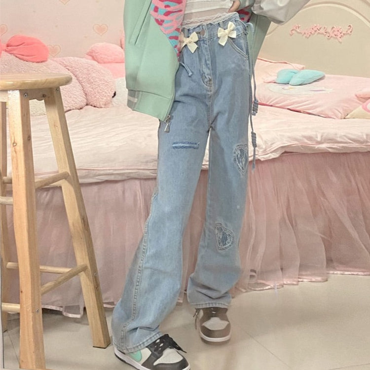 High Waist Cute Bow Lace Heart Jeans
