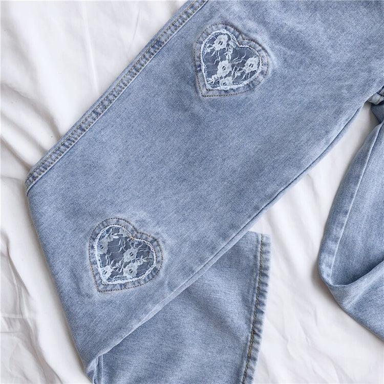 High Waist Cute Bow Lace Heart Jeans