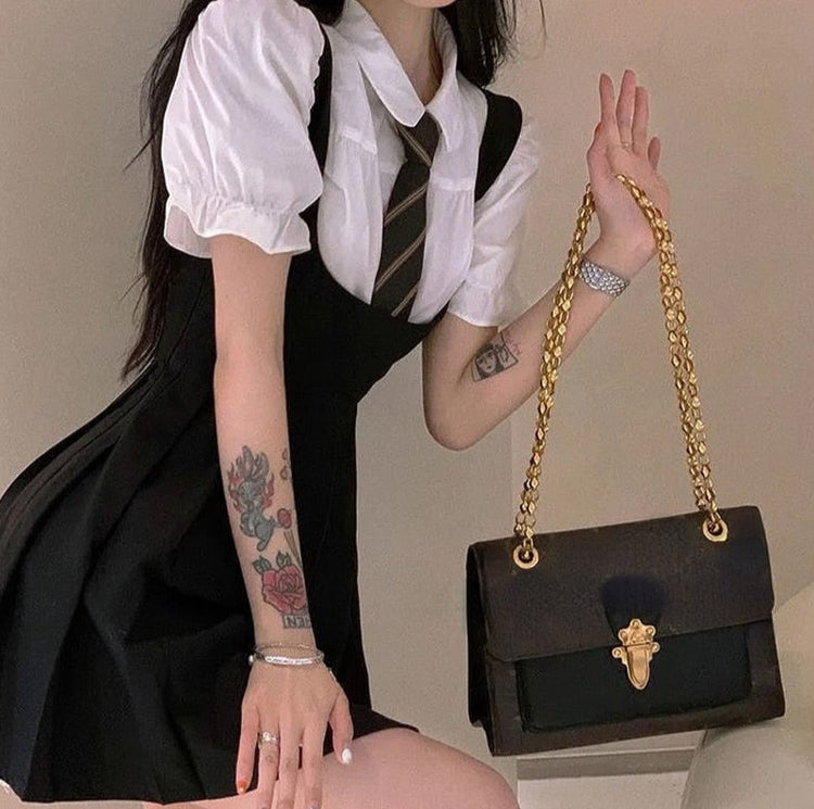 Pleated Mini Skirt Dress and Shirt with Tie Set