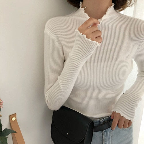 Ribbed Lettuce-Edge Mock Neck Top – Moody Quick Ship (U.S. Only)