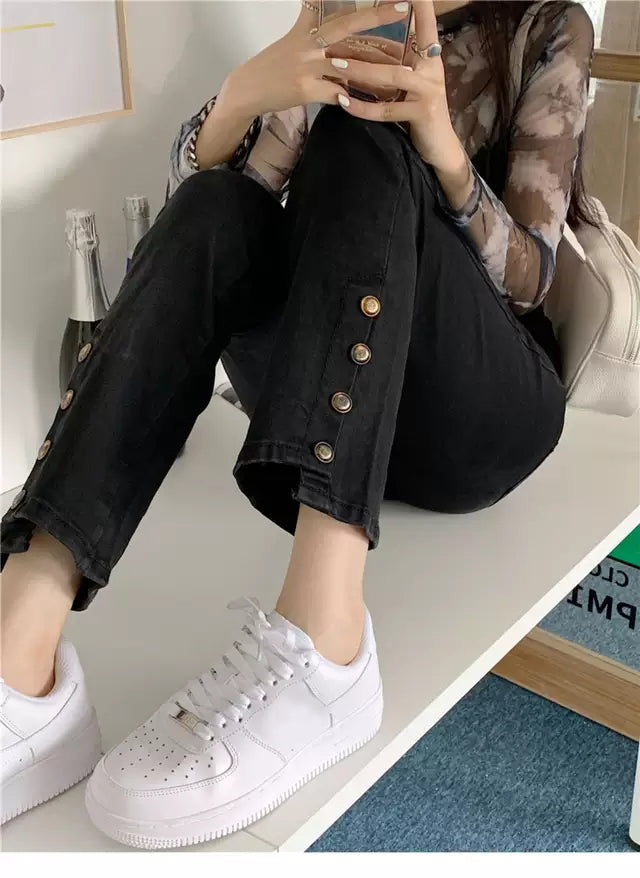High Waist Button Leg Jeans