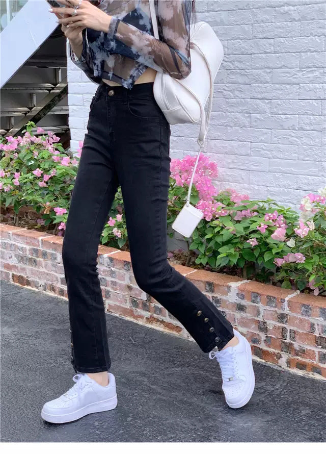 High Waist Button Leg Jeans