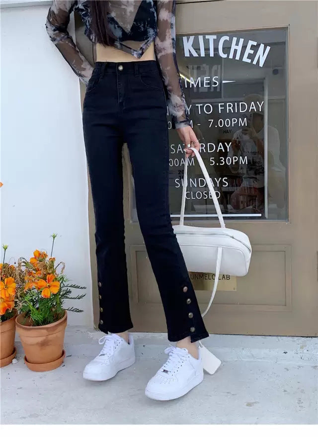 High Waist Button Leg Jeans