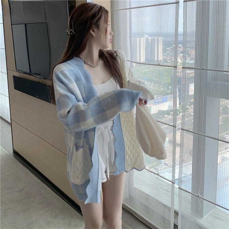Patchwork Gingham Knitted Cardigan