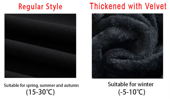 Side-by-side comparison of regular and thickened velvet-lined fabric options for Chain Reaction Cargo Joggers, with temperature ranges for each