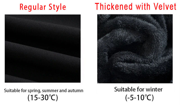 Side-by-side comparison of regular and thickened velvet-lined fabric options for Chain Reaction Cargo Joggers, with temperature ranges for each