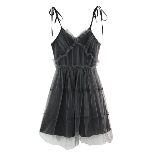 Dark Fairy Tulle Dress flatlay on white background showing full silhouette and tie straps