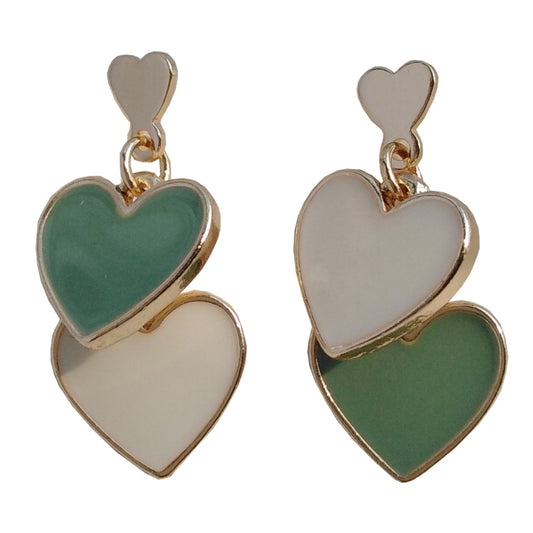 Flat lay of Olive You Triple Heart Earrings on soft background, highlighting the olive and ivory enamel hearts and gold accents.
