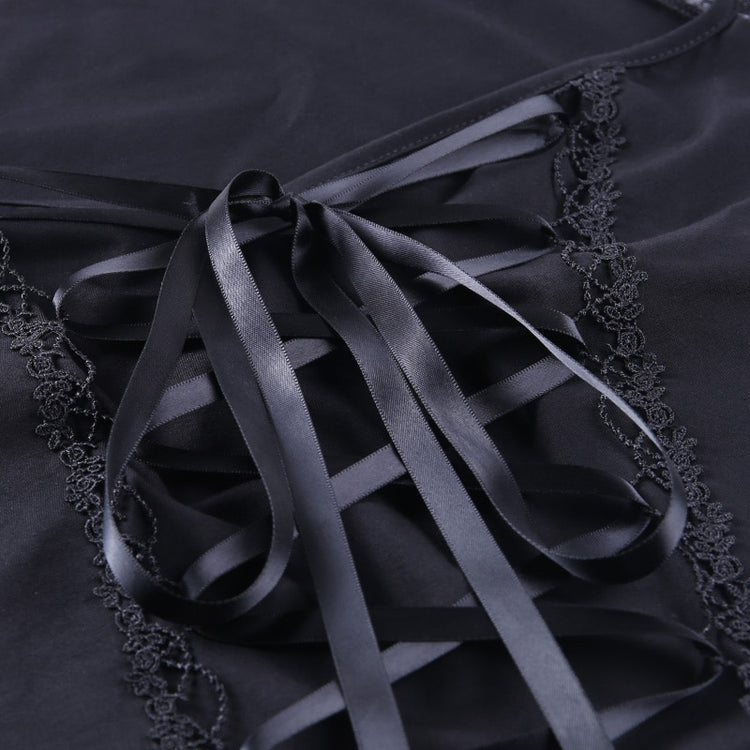 Detail shot of neckline and satin lace-up ribbon at the front of Petal Noir Lace-Up Top