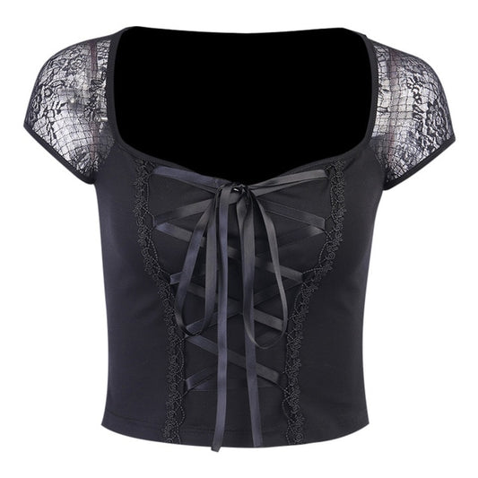 Flat lay of Petal Noir Lace-Up Top showing lace mesh sleeves and ribbon front on neutral background