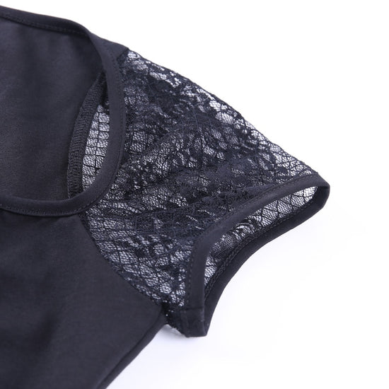 Close-up of black floral mesh sleeve showing lace pattern on Petal Noir Top