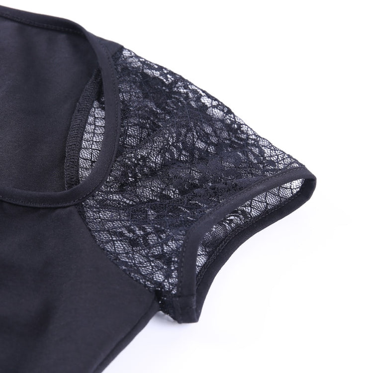 Close-up of black floral mesh sleeve showing lace pattern on Petal Noir Top
